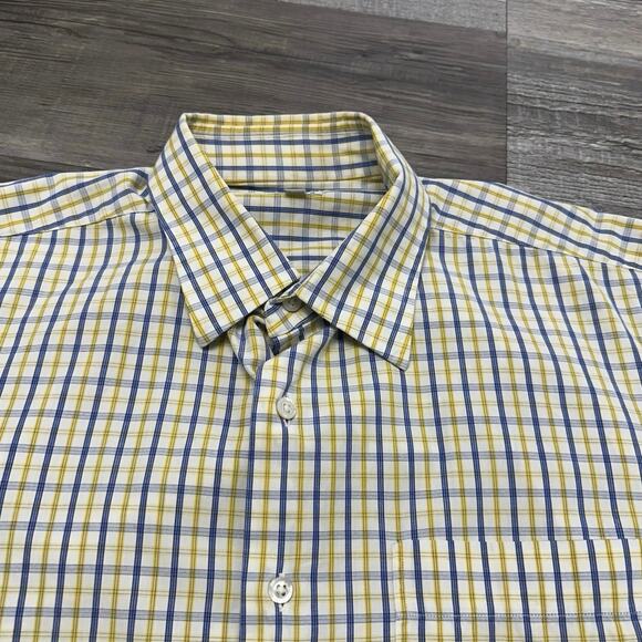 Maus & Hoffman Yellow Blue Tattersall Check Mens L Short Sleeve Button Up Shirt - Picture 1 of 7